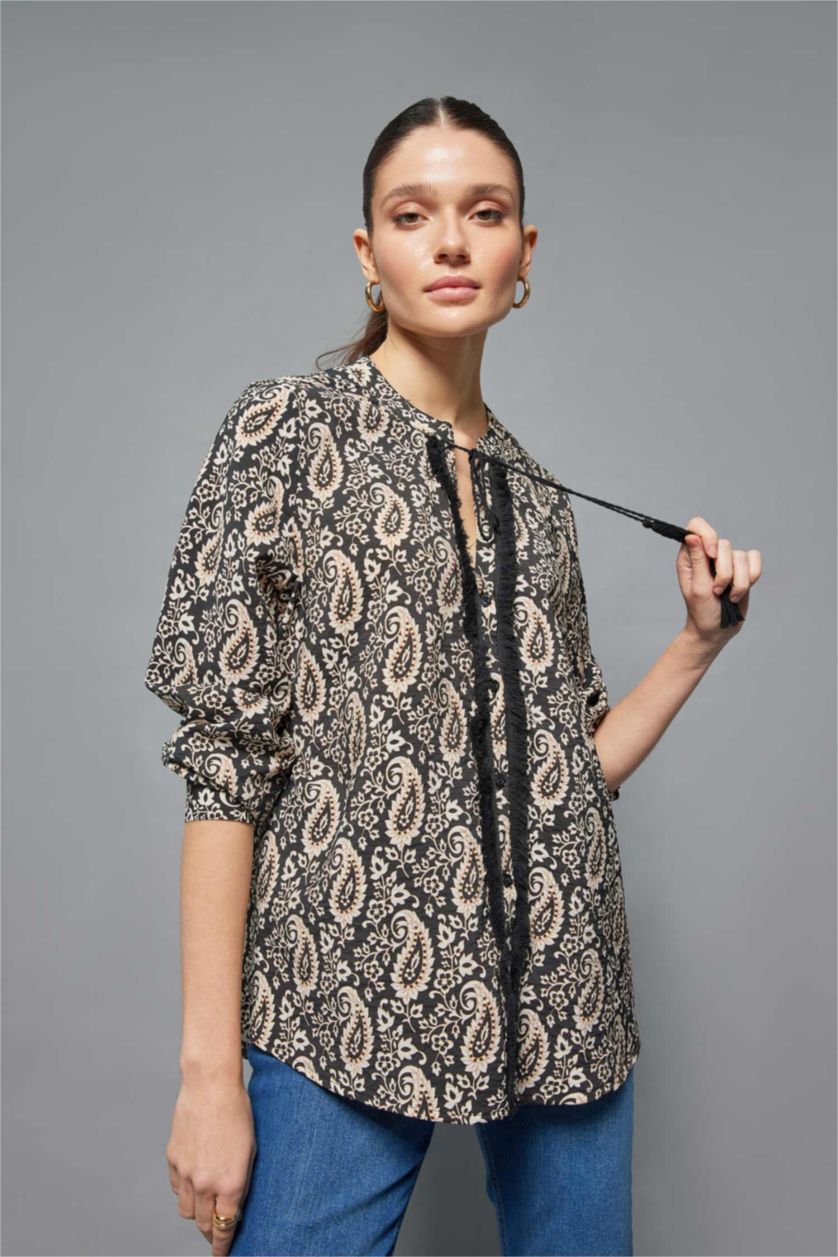 WOMAN Black Patterned Balloon Sleeve Shirt