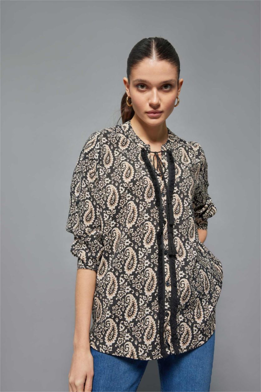 WOMAN Black Patterned Balloon Sleeve Shirt