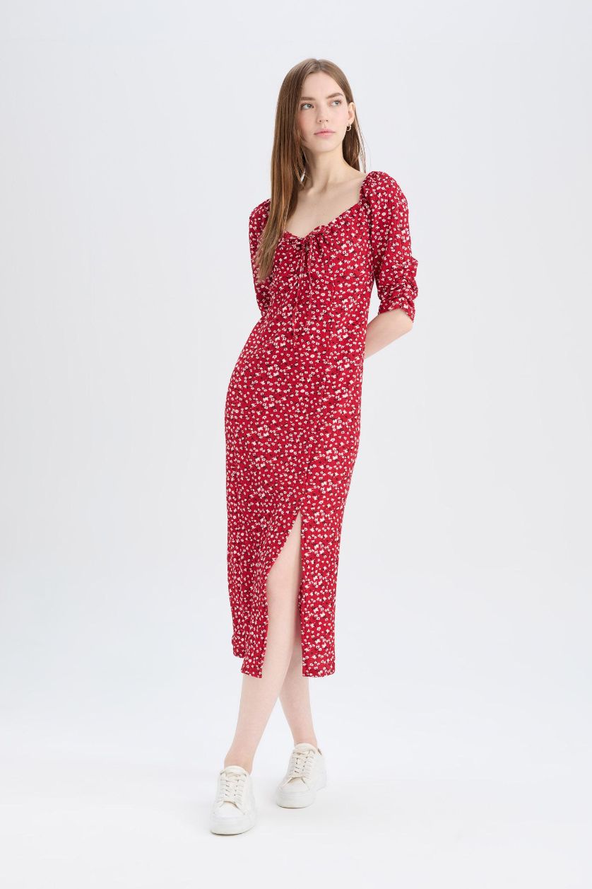 Woman Bordeaux Bodycon Square Collar Floral Midi Dress