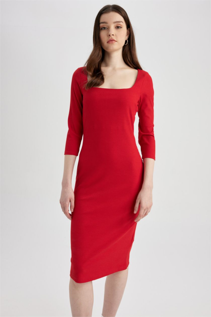 FEMME Rouge Robe À Manches Longues En Tricot Col Carré