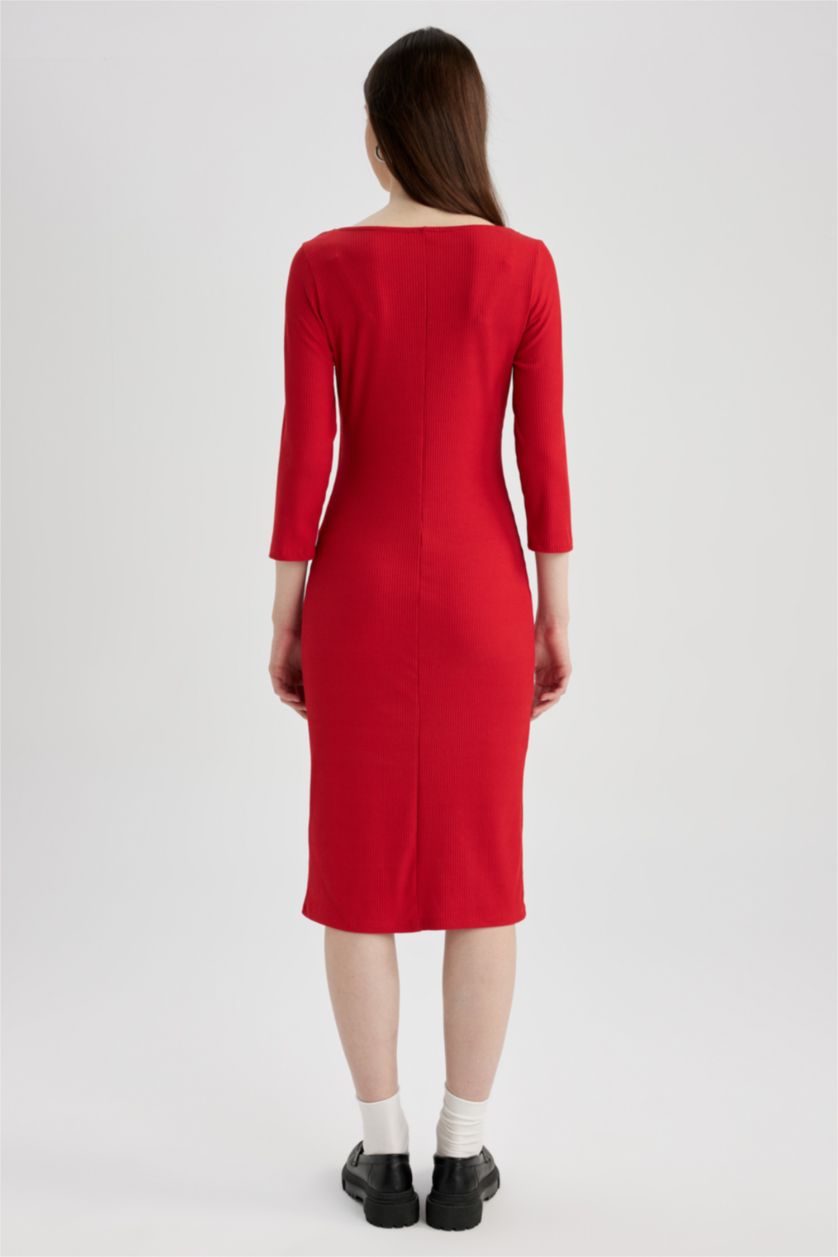 FEMME Rouge Robe À Manches Longues En Tricot Col Carré