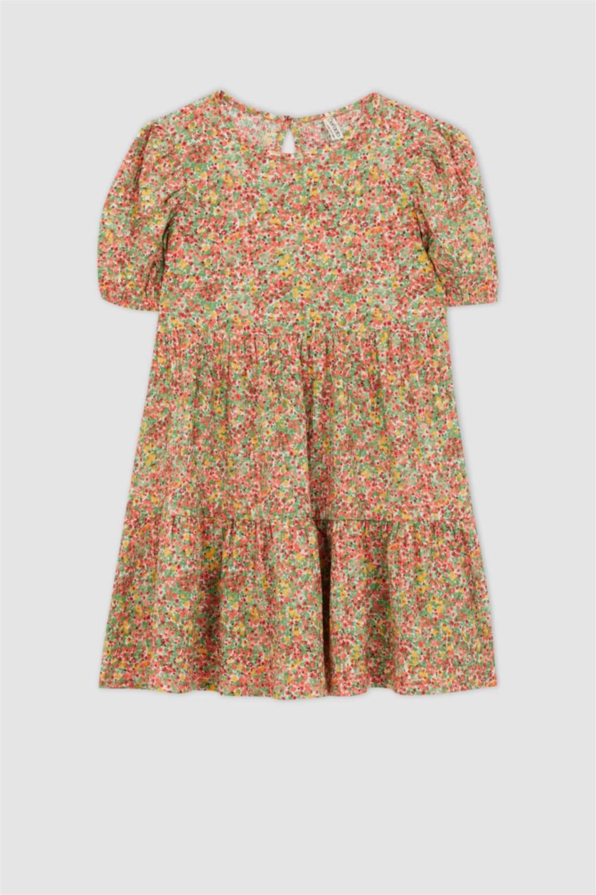 Kız Çocuk - Genç Kız Yeşil Kız Çocuk Çiçekli Kısa Kollu Elbise