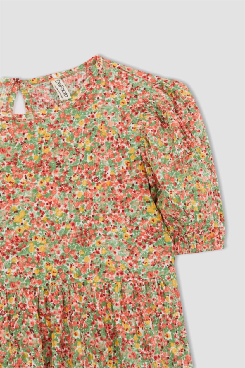 Kız Çocuk - Genç Kız Yeşil Kız Çocuk Çiçekli Kısa Kollu Elbise