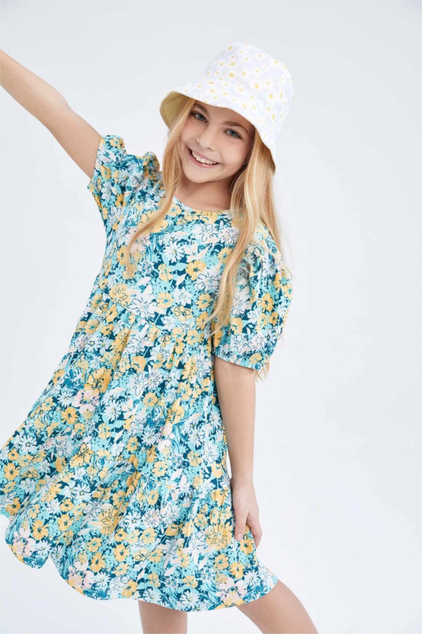 GIRLS & TEENS Turquoise Girl Floral Short Sleeve Dress