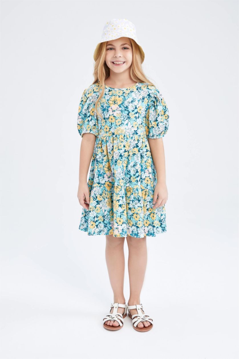 GIRLS & TEENS Turquoise Girl Floral Short Sleeve Dress