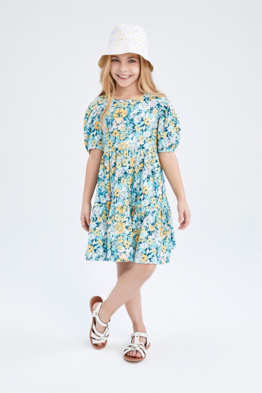 GIRLS & TEENS Turquoise Girl Floral Short Sleeve Dress