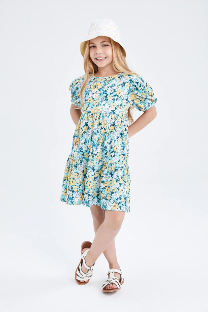 GIRLS & TEENS Turquoise Girl Floral Short Sleeve Dress