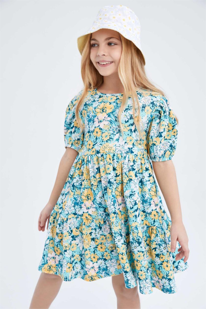 GIRLS & TEENS Turquoise Girl Floral Short Sleeve Dress