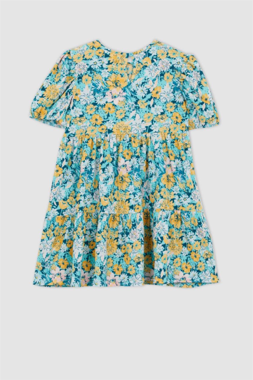 GIRLS & TEENS Turquoise Girl Floral Short Sleeve Dress