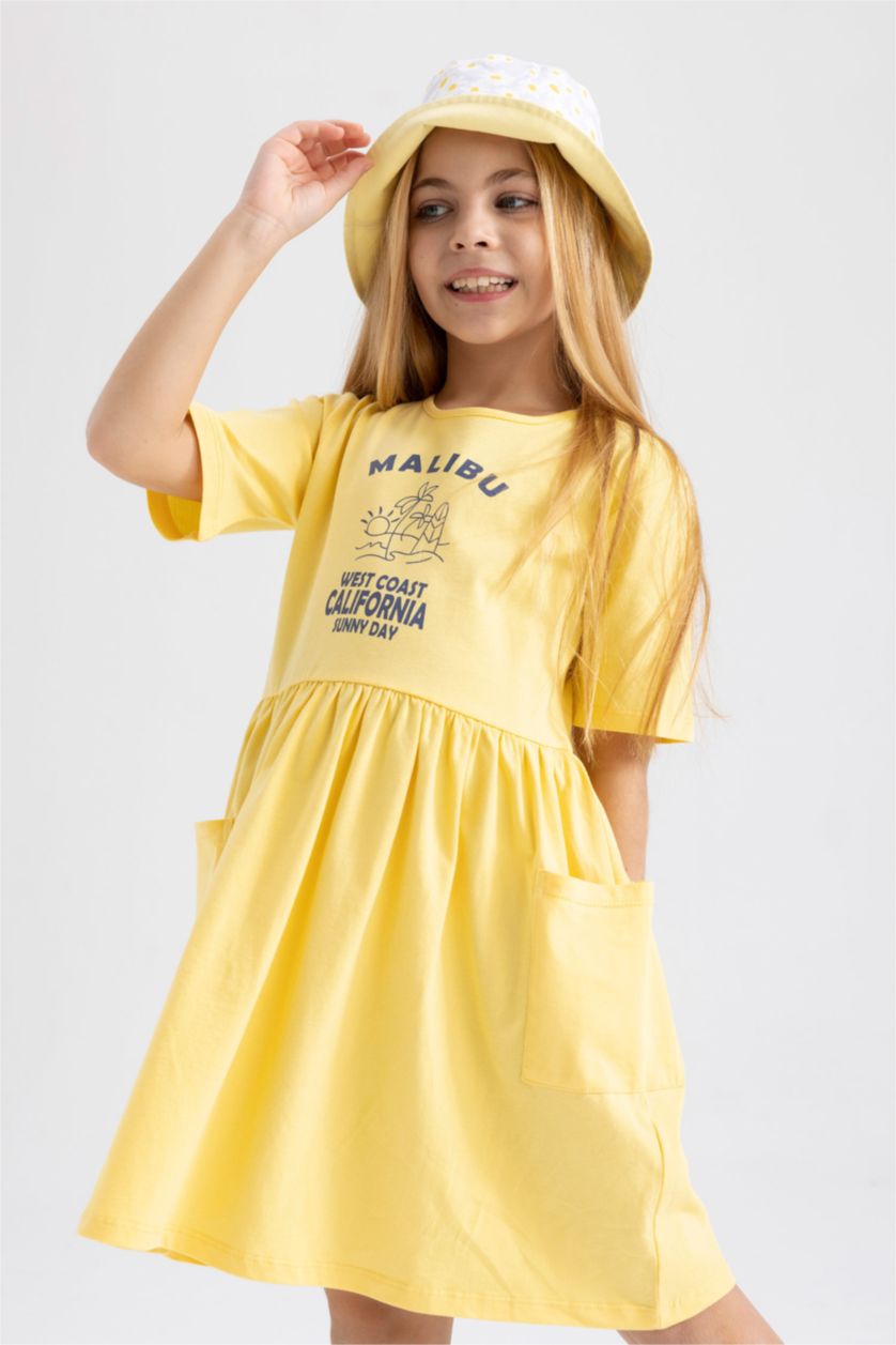 GIRLS & TEENS Yellow Girl Printed Short Sleeve Dress
