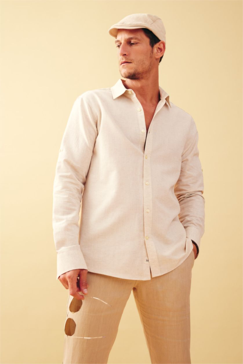 Мужчины Бежевый Рубашка приталенного кроя с длинным рукавом