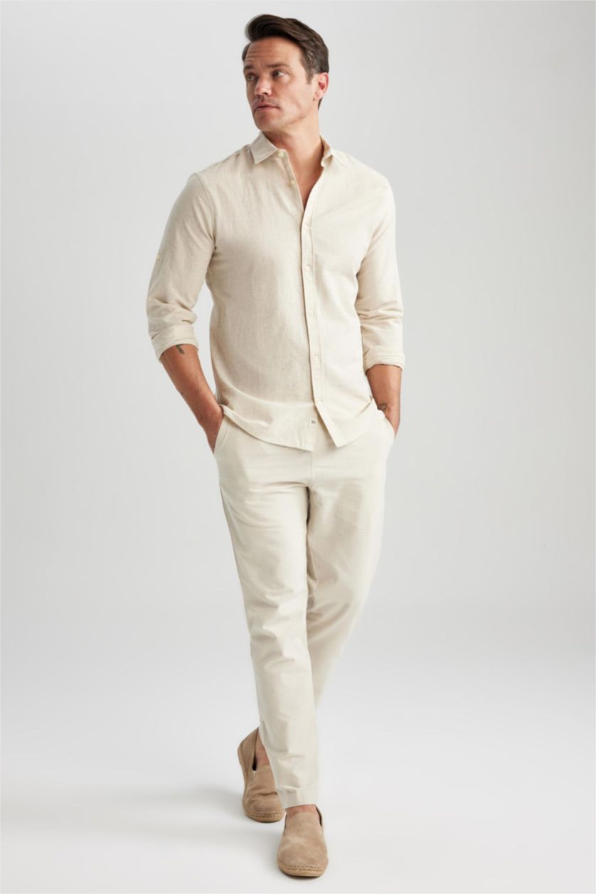 Мужчины Бежевый Рубашка приталенного кроя с длинным рукавом