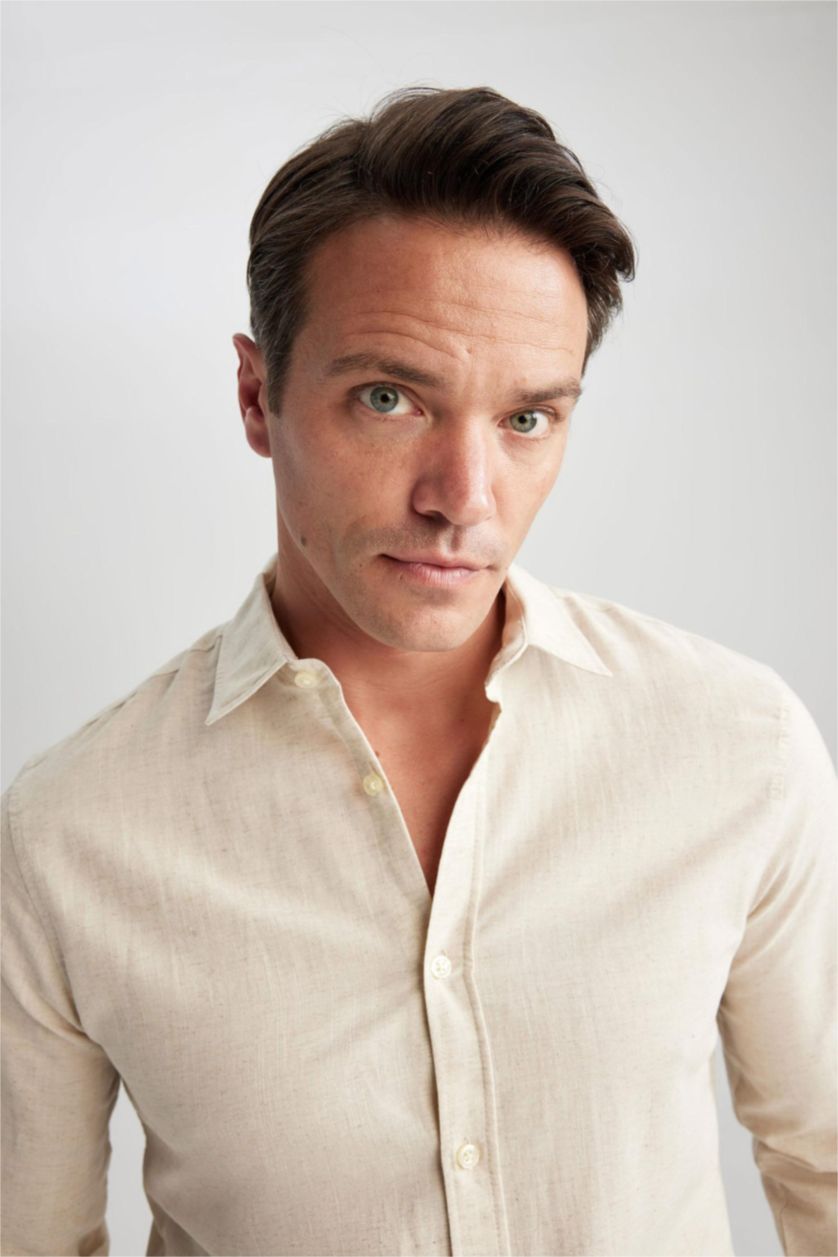 Мужчины Бежевый Рубашка приталенного кроя с длинным рукавом