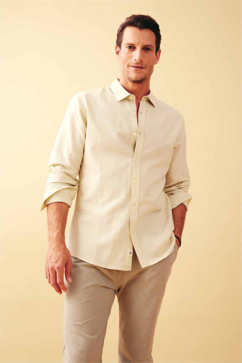 MAN Light Khaki Modern Fit Linen Blend Long Sleeve Shirt