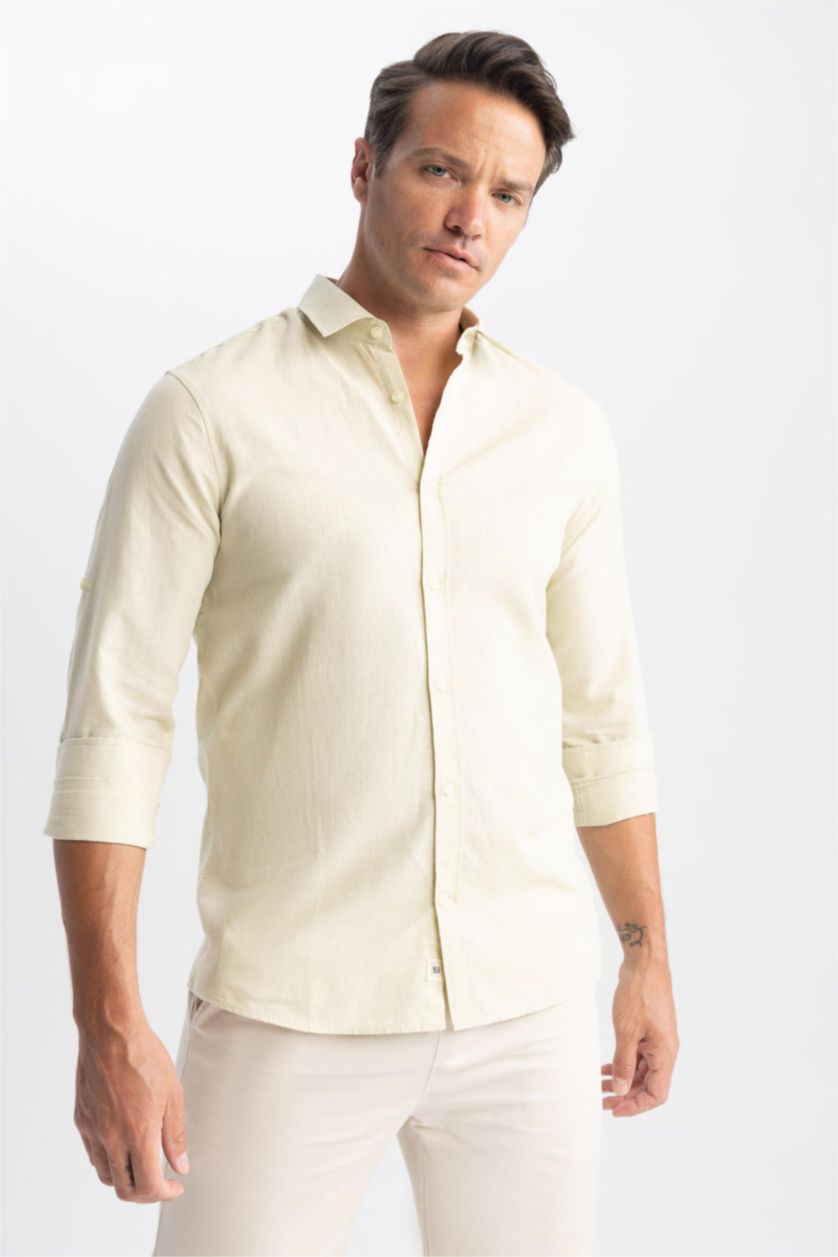 MAN Light Khaki Modern Fit Linen Blend Long Sleeve Shirt