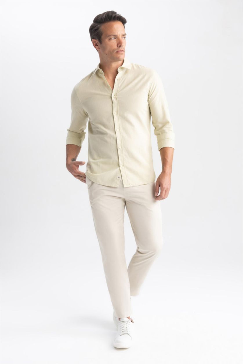 MAN Light Khaki Modern Fit Linen Blend Long Sleeve Shirt