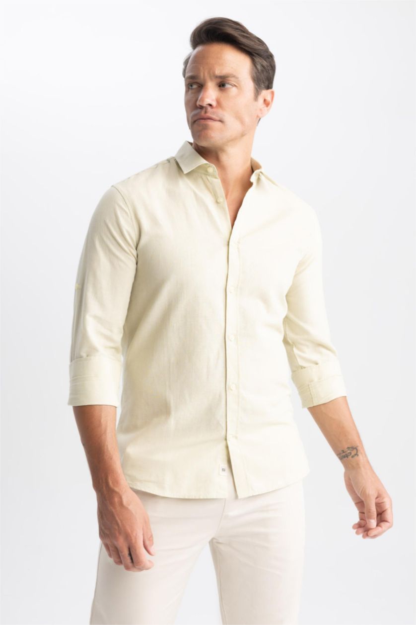 MAN Light Khaki Modern Fit Linen Blend Long Sleeve Shirt
