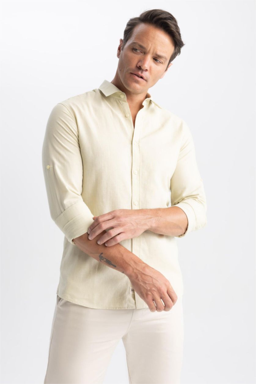 MAN Light Khaki Modern Fit Linen Blend Long Sleeve Shirt