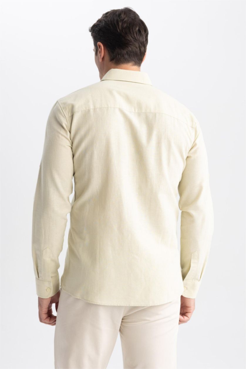MAN Light Khaki Modern Fit Linen Blend Long Sleeve Shirt