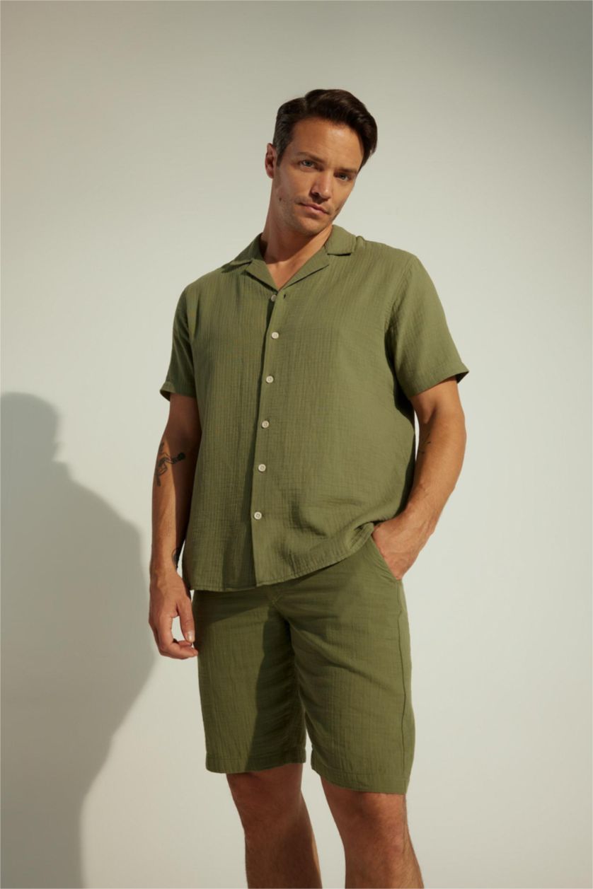 HOMME Kaki Clair Chemise en lin à manches courtes pour Homme