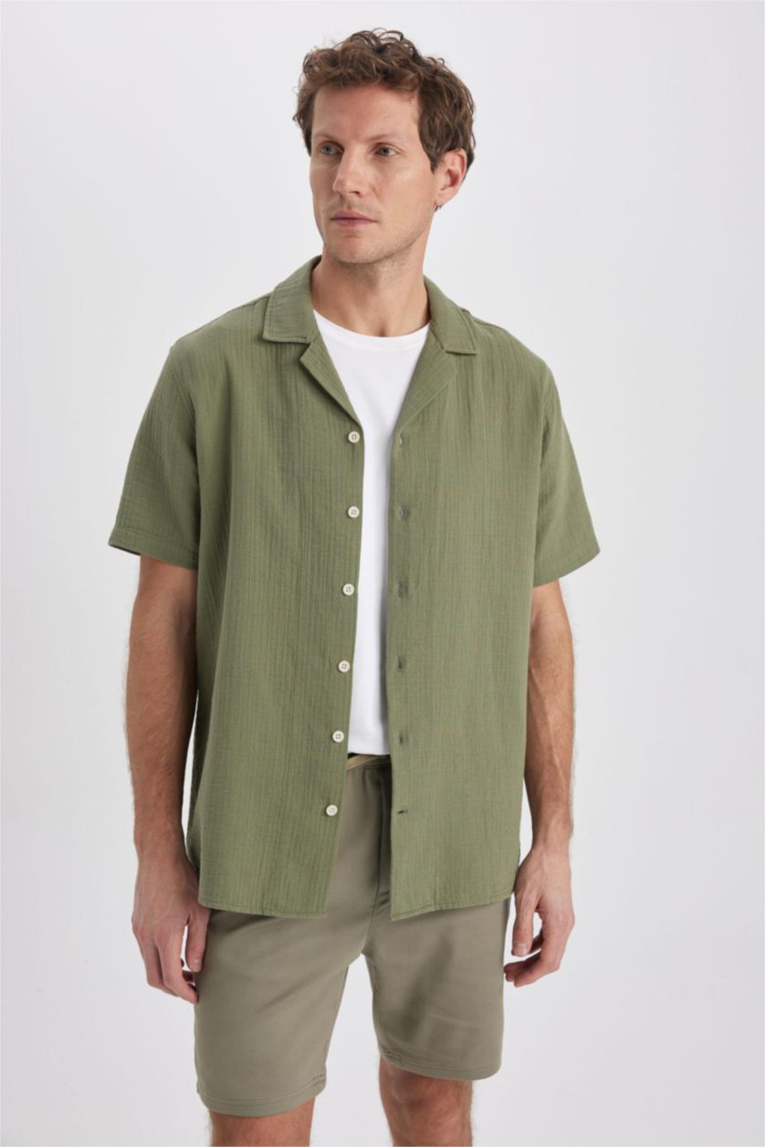 HOMME Kaki Clair Chemise en lin à manches courtes pour Homme