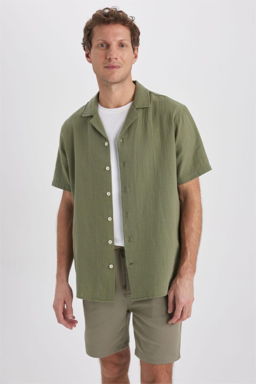 HOMME Kaki Clair Chemise en lin à manches courtes pour Homme