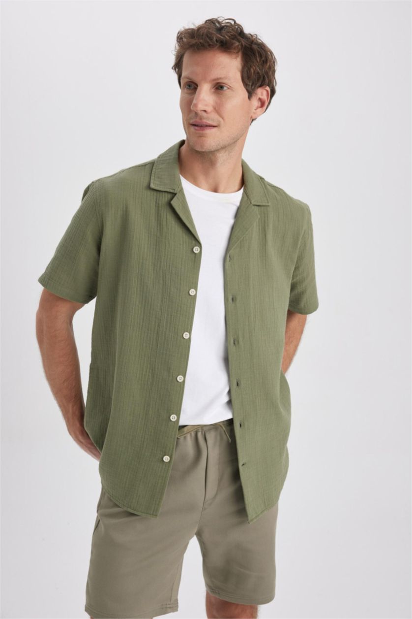 HOMME Kaki Clair Chemise en lin à manches courtes pour Homme