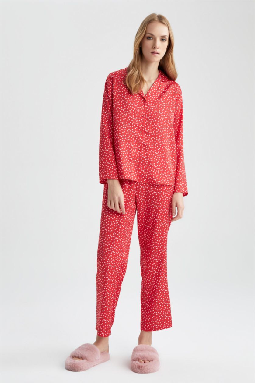 WOMAN Red Fall In Love Valentine Regular Fit Pajama Collar Heart Patterned Pajama Top