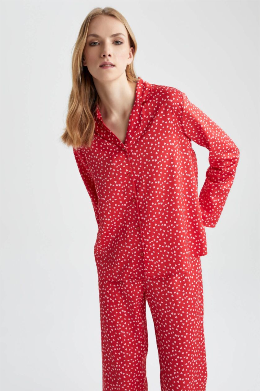 WOMAN Red Fall In Love Valentine Regular Fit Pajama Collar Heart Patterned Pajama Top