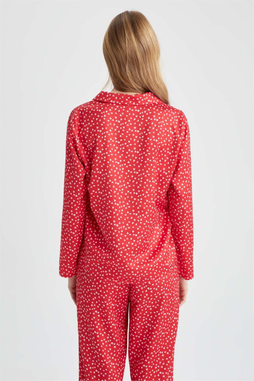 WOMAN Red Fall In Love Valentine Regular Fit Pajama Collar Heart Patterned Pajama Top