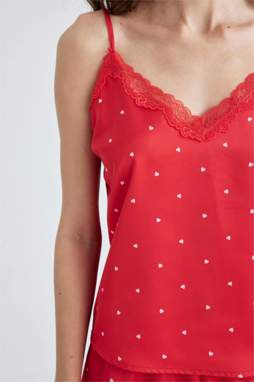 FEMME Rouge Ensemble De Pyjama À Col En V En Dentelle À Coupe Régulière Pour La Saint-Valentin Fall In Love