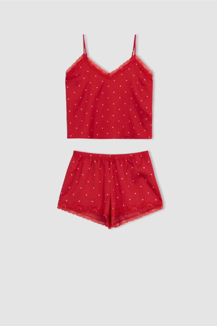 FEMME Rouge Ensemble De Pyjama À Col En V En Dentelle À Coupe Régulière Pour La Saint-Valentin Fall In Love