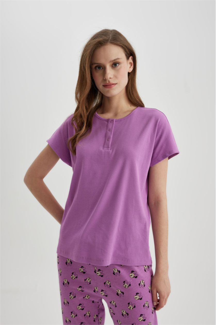Kadın Açık Mor Regular Fit Bisiklet Yaka Kısa Kollu Casual Pijama Üstü