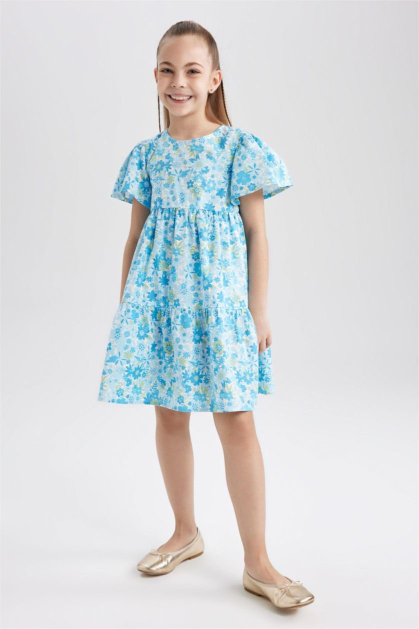 GIRLS & TEENS Light Aqua Girl Patterned Short Sleeve Dress