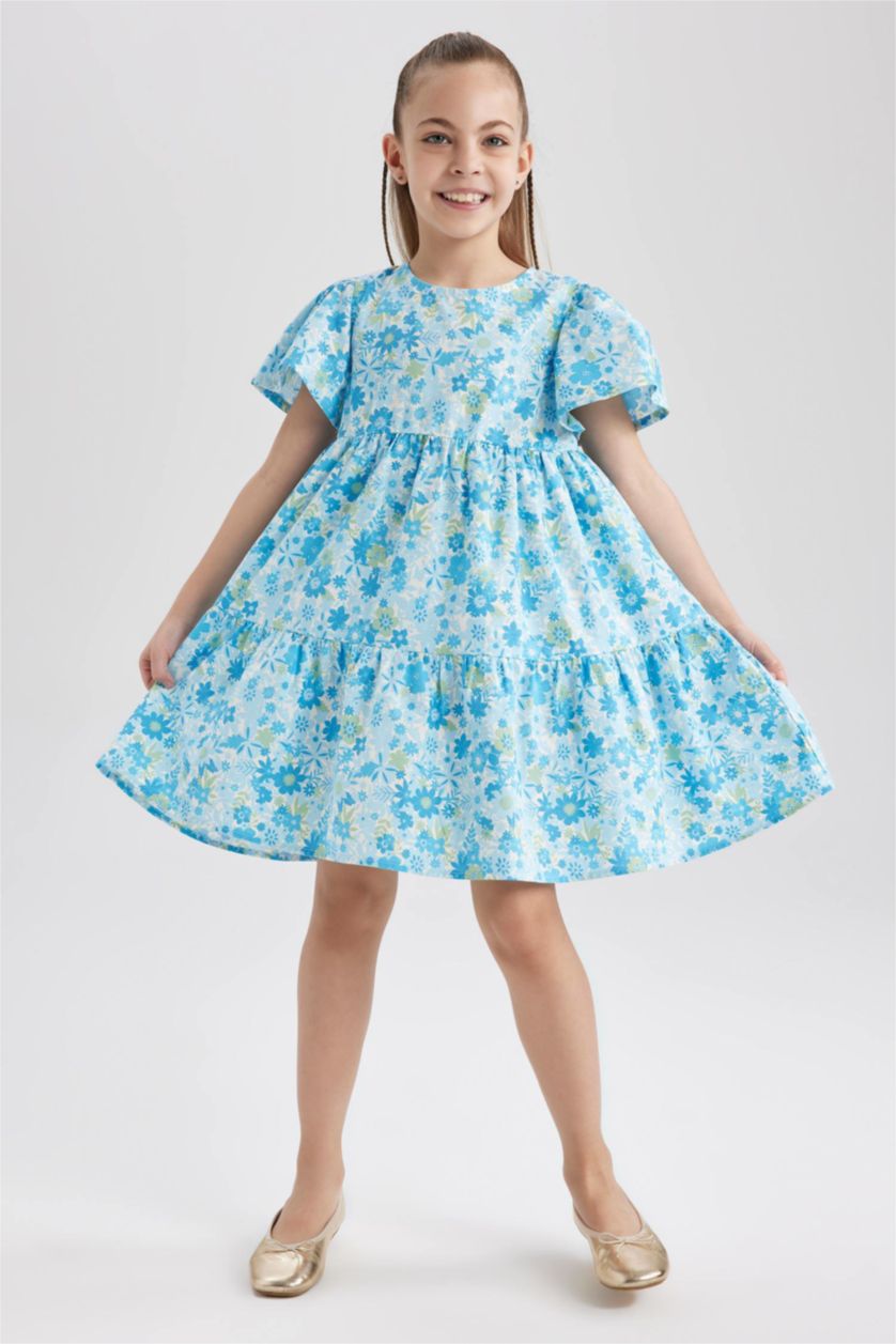 GIRLS & TEENS Light Aqua Girl Patterned Short Sleeve Dress