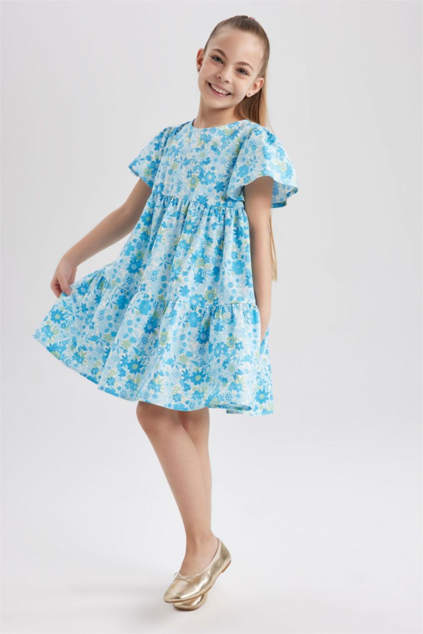 GIRLS & TEENS Light Aqua Girl Patterned Short Sleeve Dress
