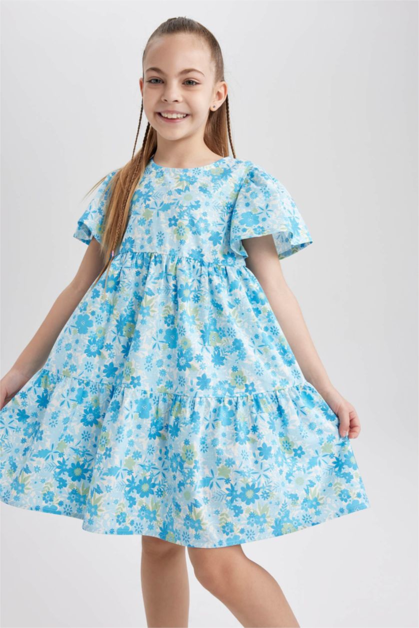 GIRLS & TEENS Light Aqua Girl Patterned Short Sleeve Dress