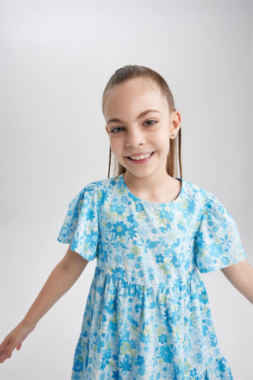 GIRLS & TEENS Light Aqua Girl Patterned Short Sleeve Dress