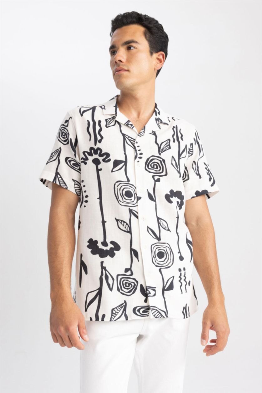 رجال اللون الرملي قميص قطن مطبوع قصة عادية