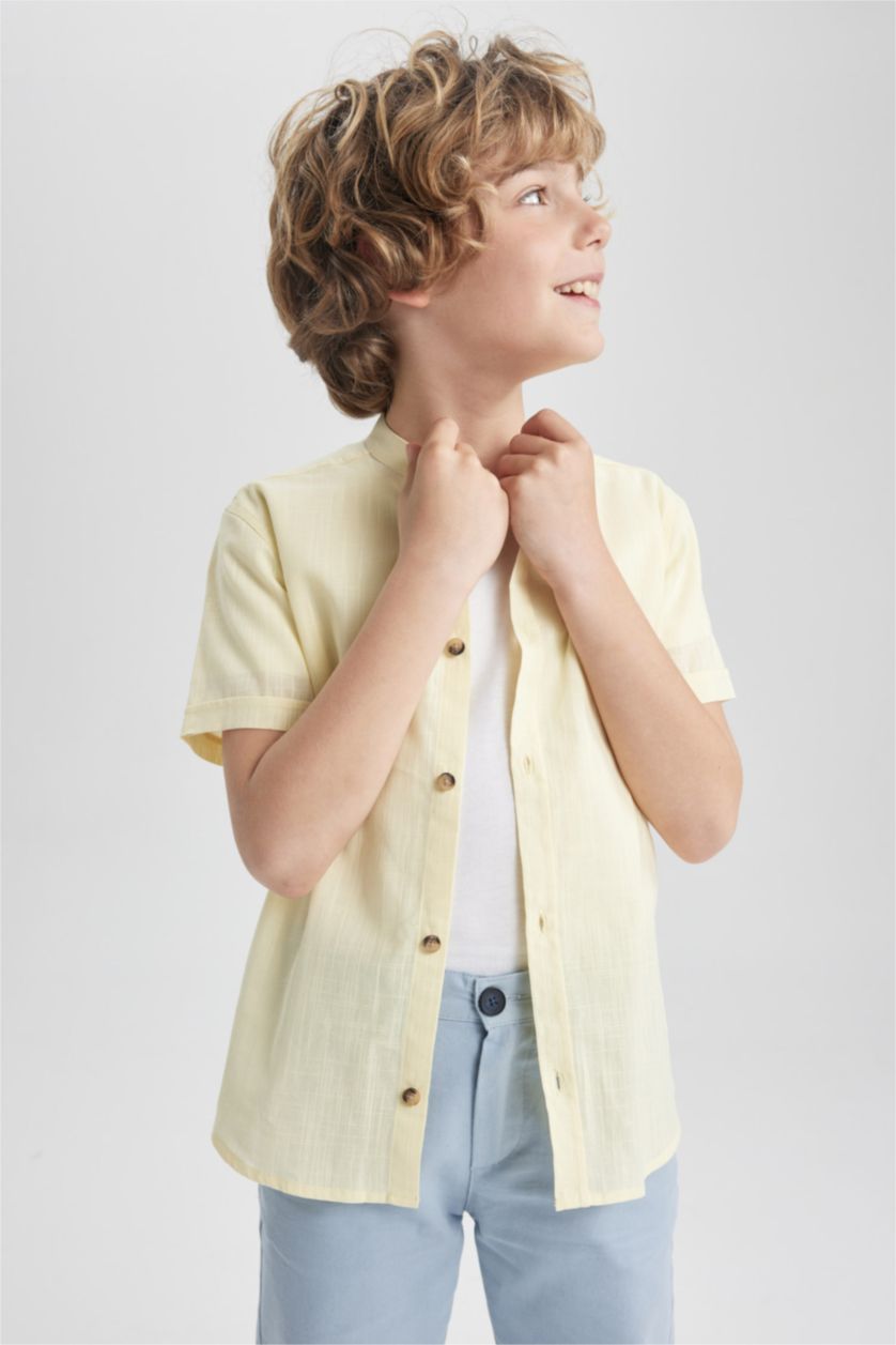 Boys & Teens Light Yellow Boy Straight Collar Linen Look Short Sleeve Shirt