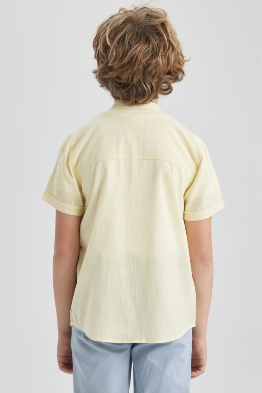 Boys & Teens Light Yellow Boy Straight Collar Linen Look Short Sleeve Shirt