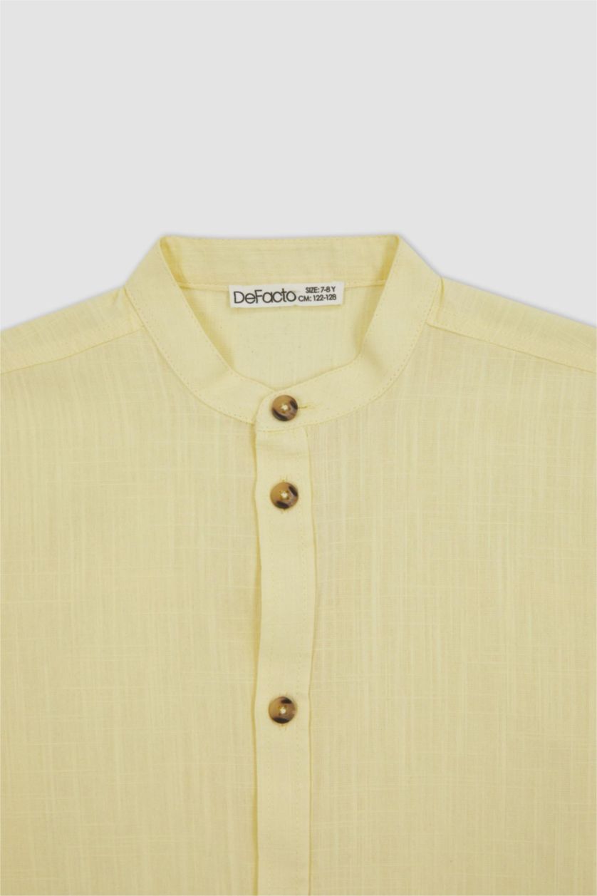 Boys & Teens Light Yellow Boy Straight Collar Linen Look Short Sleeve Shirt