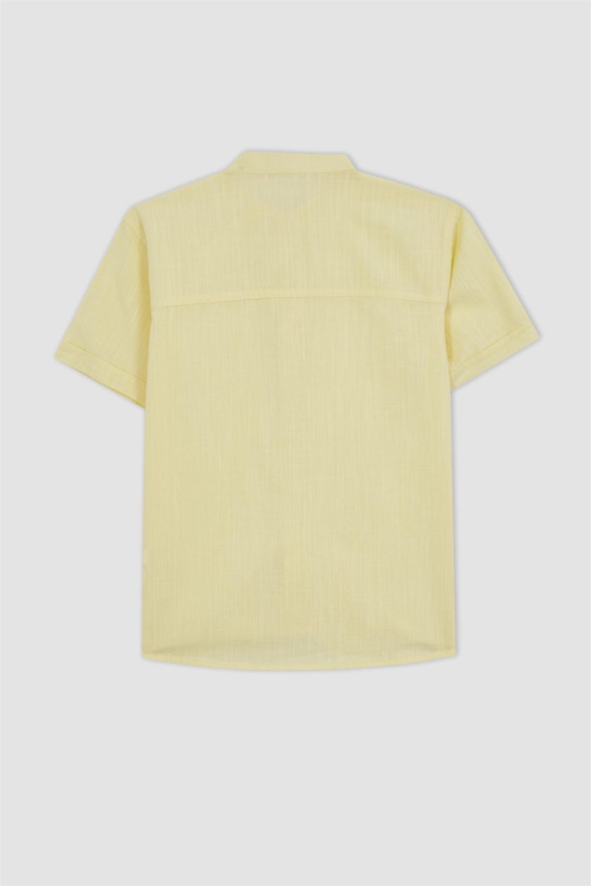 Boys & Teens Light Yellow Boy Straight Collar Linen Look Short Sleeve Shirt
