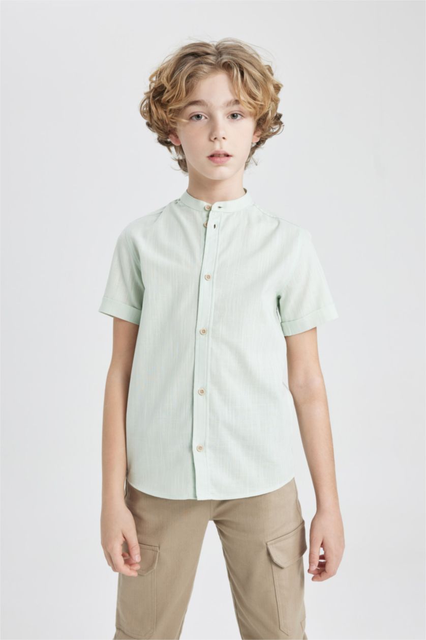 Boys & Teens Mint Boy Regular Fit Stand Collar Linen Look Shirt