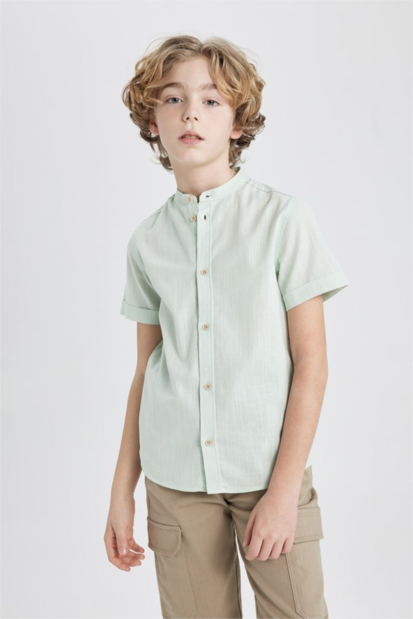 Boys & Teens Mint Boy Regular Fit Stand Collar Linen Look Shirt