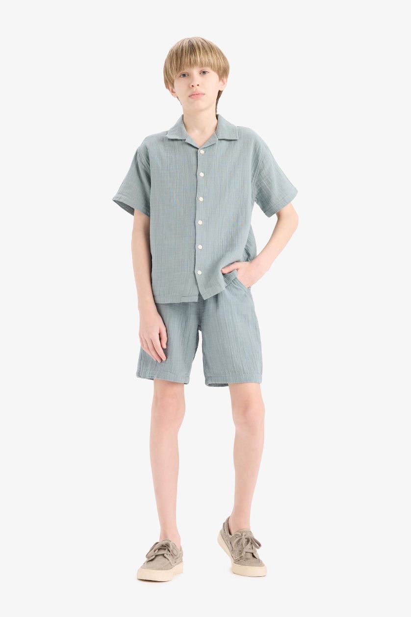BOYS & TEENS DULL BLUE Boy Elastic Waist Muslin Shorts