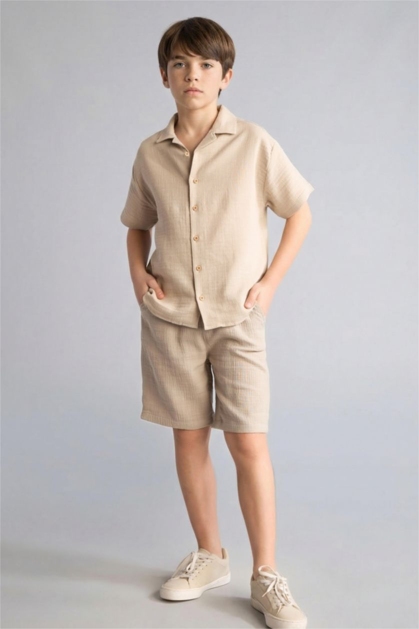 Erkek Çocuk - Genç Erkek Bej Regular Fit Müslin Şort Erkek Çocuk