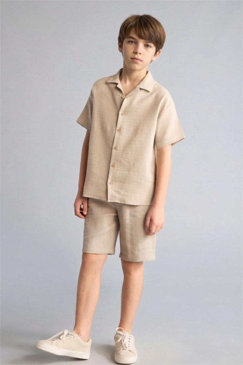 Erkek Çocuk - Genç Erkek Bej Regular Fit Müslin Şort Erkek Çocuk