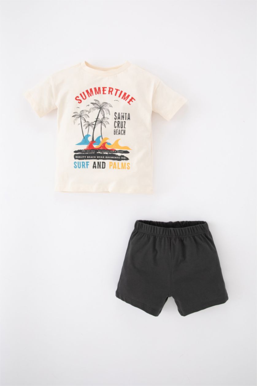 BABY BOY Ecru Baby Boy Printed Short Sleeve 2 Piece T-Shirt Shorts Set