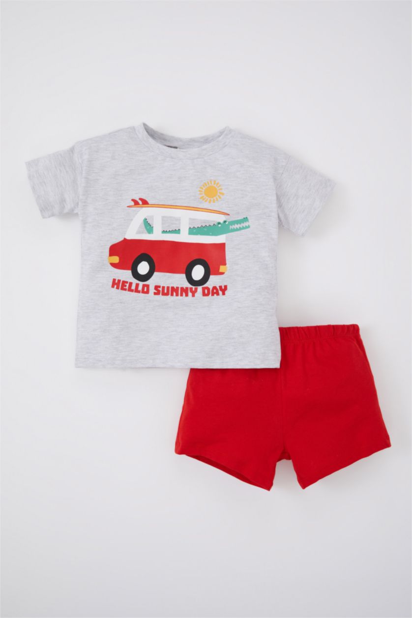 BABY BOY Light Grey Melange Baby Boy Printed Short Sleeve T-Shirt Shorts 2-Pack Set